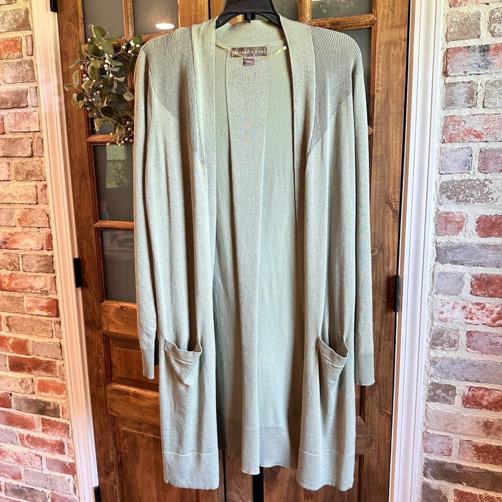 Alexandra + Oak Cardigan Women Size Medium Oregano Green Open Front Long Duster